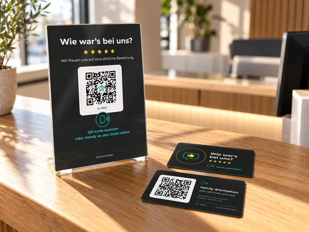 Bewertungsaufsteller und NFC-Bewertungskarten von SOCIAL PROOF mit QR-Code