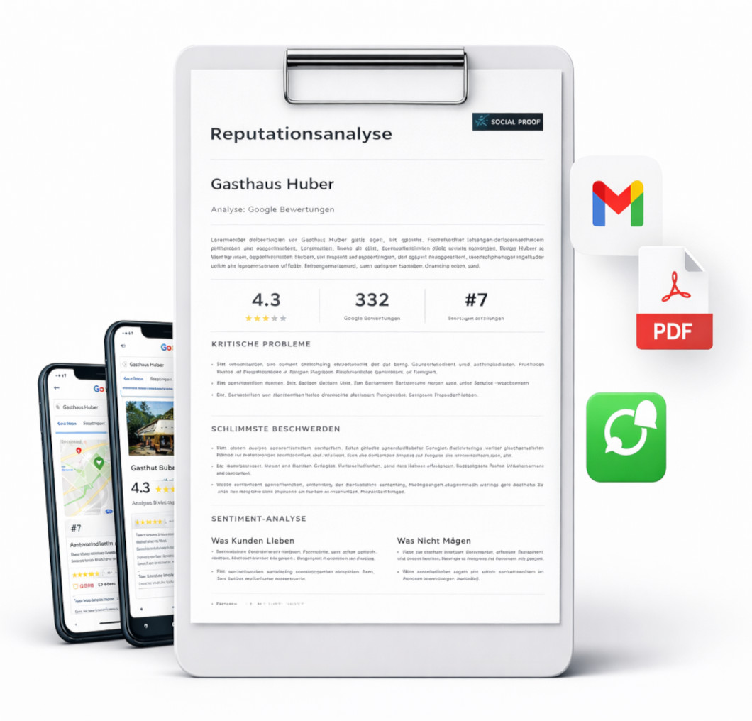 Beispiel eines SOCIAL PROOF Reputations-Reports als PDF mit Bewertungsstand, kritischen Punkten und Sentiment-Analyse