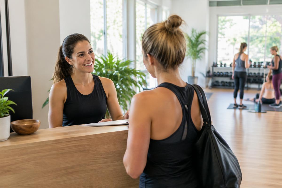 Trainerin begrüßt ein Mitglied am Empfang eines Fitnessstudios