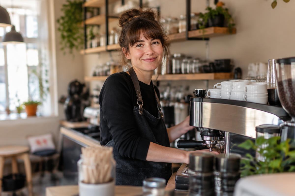 Café-Inhaberin hinter der Theke an der Espressomaschine