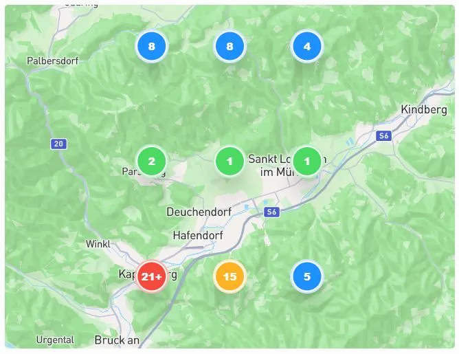 Google-Maps-Ranking von Tom's Restaurant für die Suche „österreichisches Restaurant“ in einem Raster von 5 Kilometern rund um St. Lorenzen