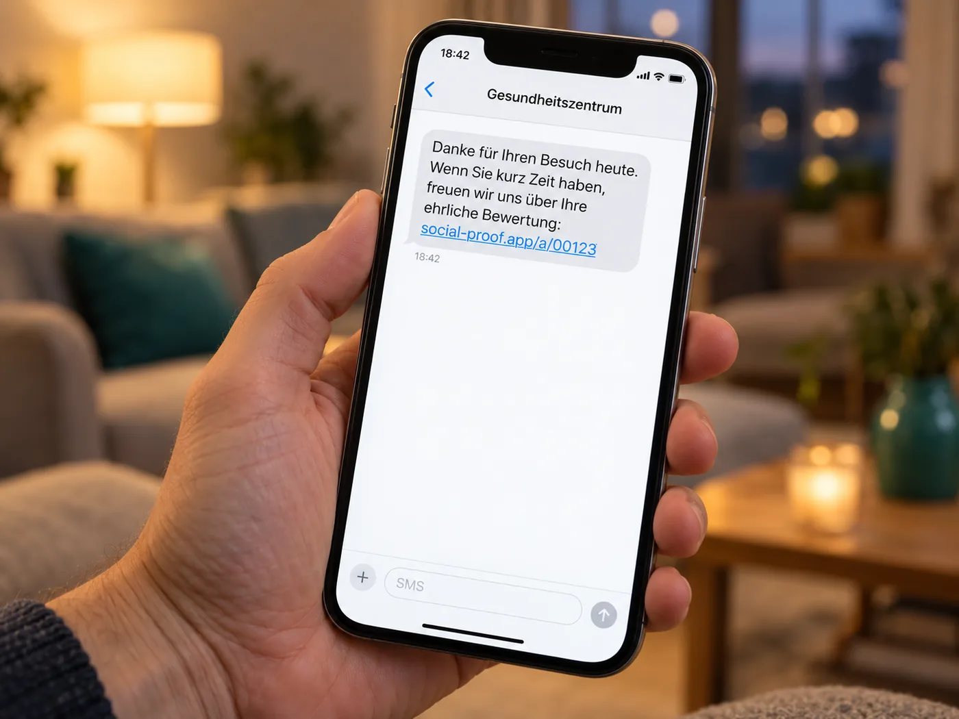 Smartphone in der Hand mit einer SMS-Bewertungsanfrage eines Gesundheitszentrums, im Hintergrund ein Wohnzimmer am Abend